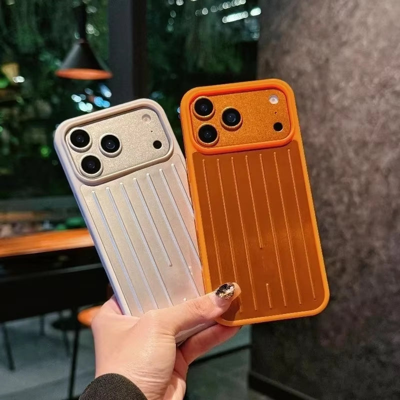 Premium Luxury Ice Feel Alloy 3D Corrugated Stripe Luggage Phone Case for Iphone 17 Pro Max 16 15 14 Anti-Drop Bumper Hard Cover