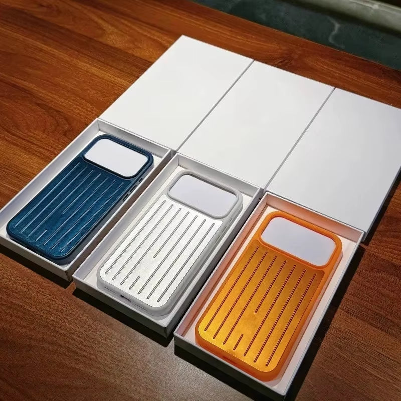 Premium Luxury Ice Feel Alloy 3D Corrugated Stripe Luggage Phone Case for Iphone 17 Pro Max 16 15 14 Anti-Drop Bumper Hard Cover