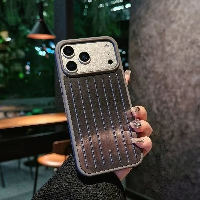 Premium Luxury Ice Feel Alloy 3D Corrugated Stripe Luggage Phone Case for Iphone 17 Pro Max 16 15 14 Anti-Drop Bumper Hard Cover