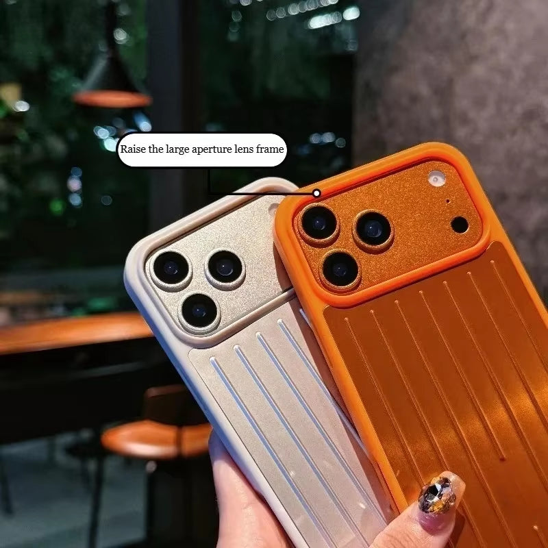 Premium Luxury Ice Feel Alloy 3D Corrugated Stripe Luggage Phone Case for Iphone 17 Pro Max 16 15 14 Anti-Drop Bumper Hard Cover
