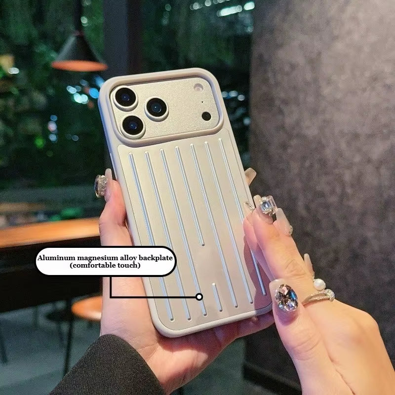 Premium Luxury Ice Feel Alloy 3D Corrugated Stripe Luggage Phone Case for Iphone 17 Pro Max 16 15 14 Anti-Drop Bumper Hard Cover