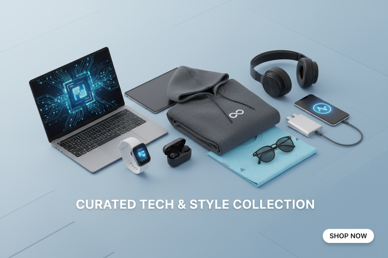 Banner de tecnología, ropa y gadgets