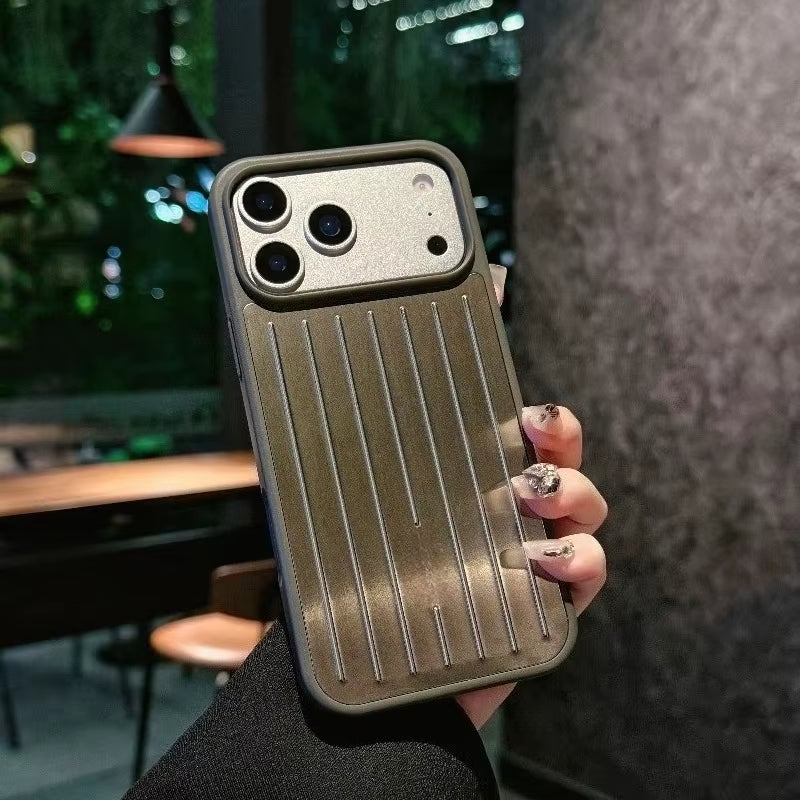 Premium Luxury Ice Feel Alloy 3D Corrugated Stripe Luggage Phone Case for Iphone 17 Pro Max 16 15 14 Anti-Drop Bumper Hard Cover